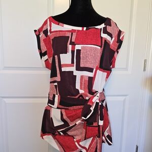 New York & Company Red and Black Geometric Blouse